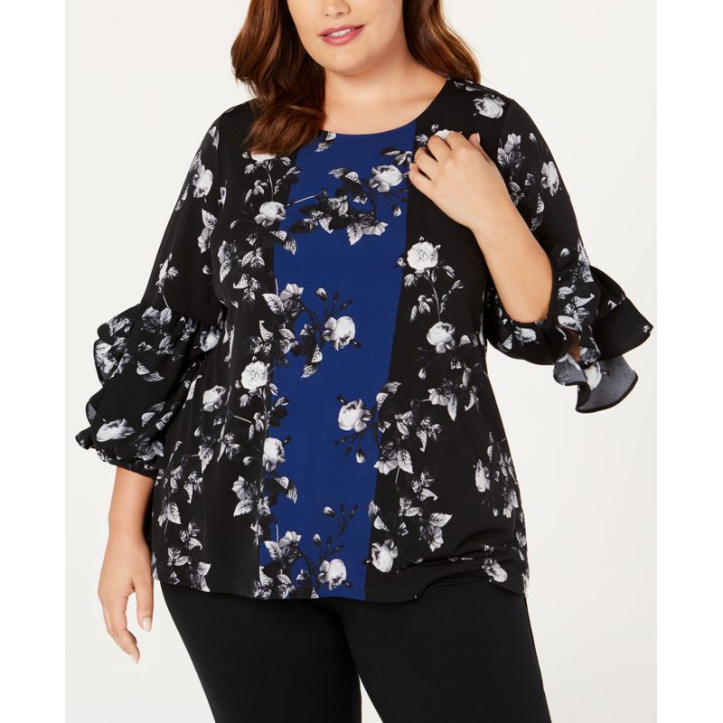Alfani Plus Size Printed Ruffle Sleeve Top